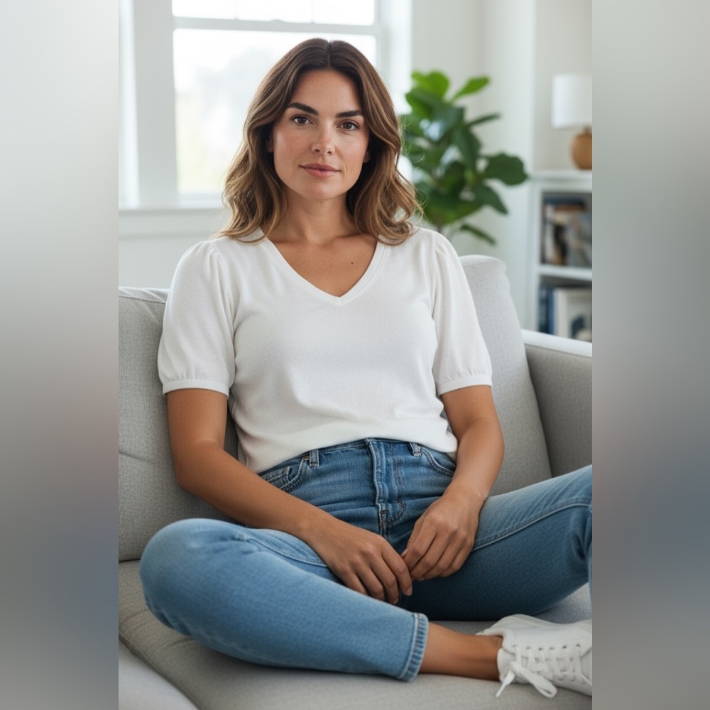 Mod Ref Ivory V-Neck Blouse Euc - image 1